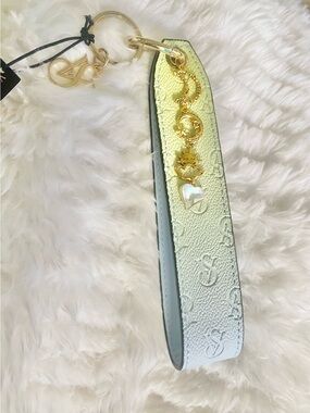 Victoria's Secret White Leather Strap Keychain with Gold Charms